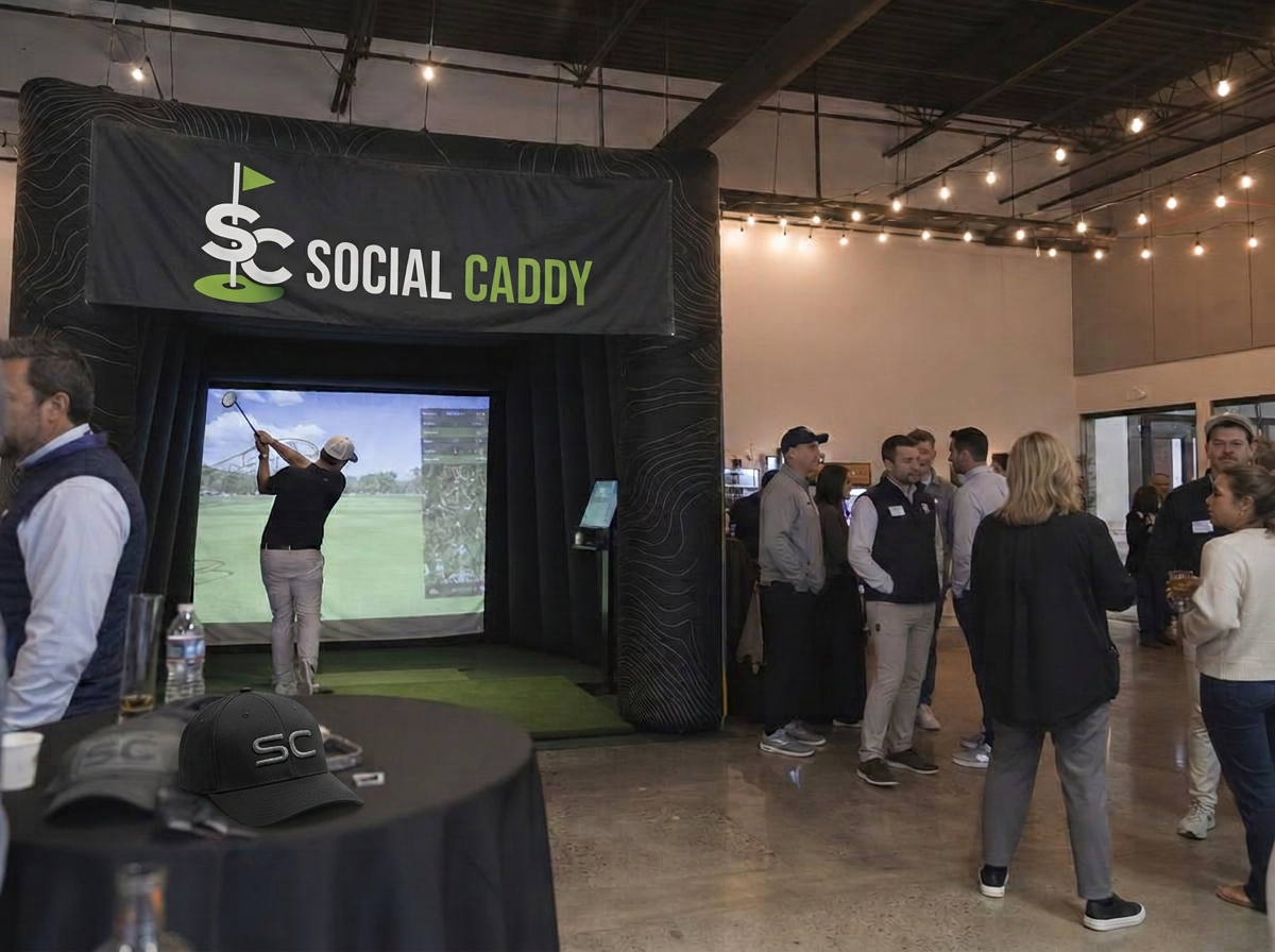 Employees competing on the Social Caddy golf simulator at a corporate event