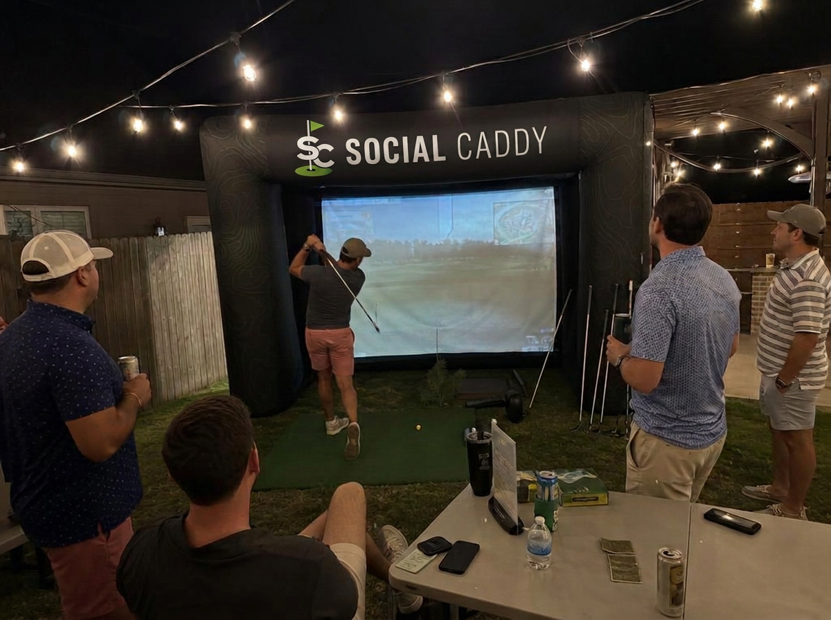Guests playing the Social Caddy mobile golf simulator at private parties