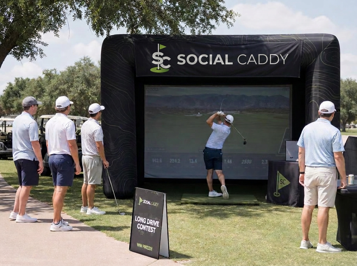 Guests playing the Social Caddy mobile golf simulator at tournaments