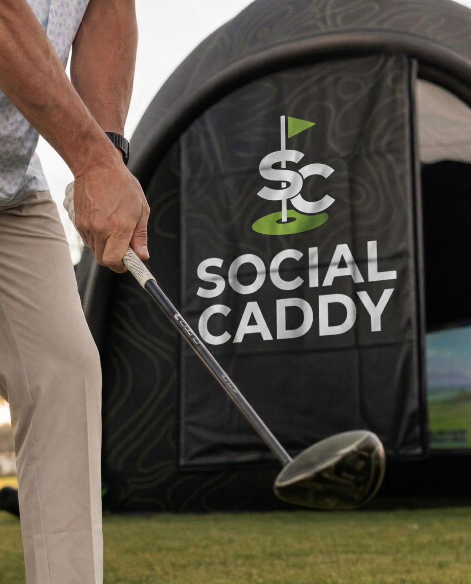 Golfer hitting a driver inside a golf simulator