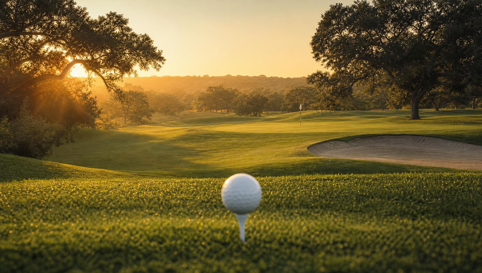 Golf ball on a tee at sunrise on a Texas golf course